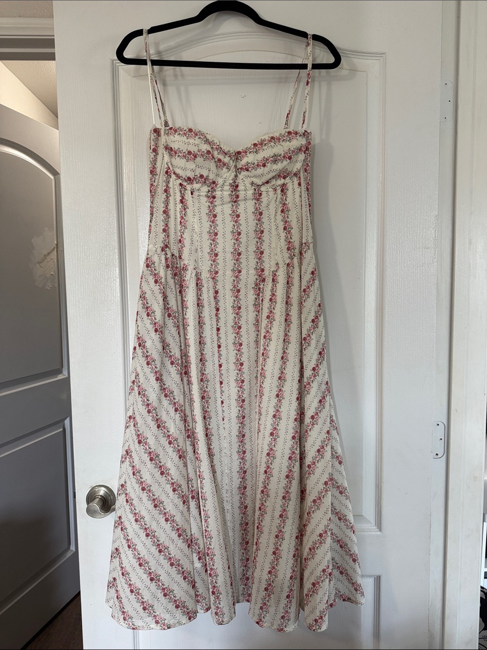 MAHINA Floral Striped Spaghetti Strap Summer Dress - Cream with Pink Floral